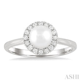 6 MM White Cultured Pearl and 1/6 Ctw Round Cut Diamond Halo Ring in 14K White Gold